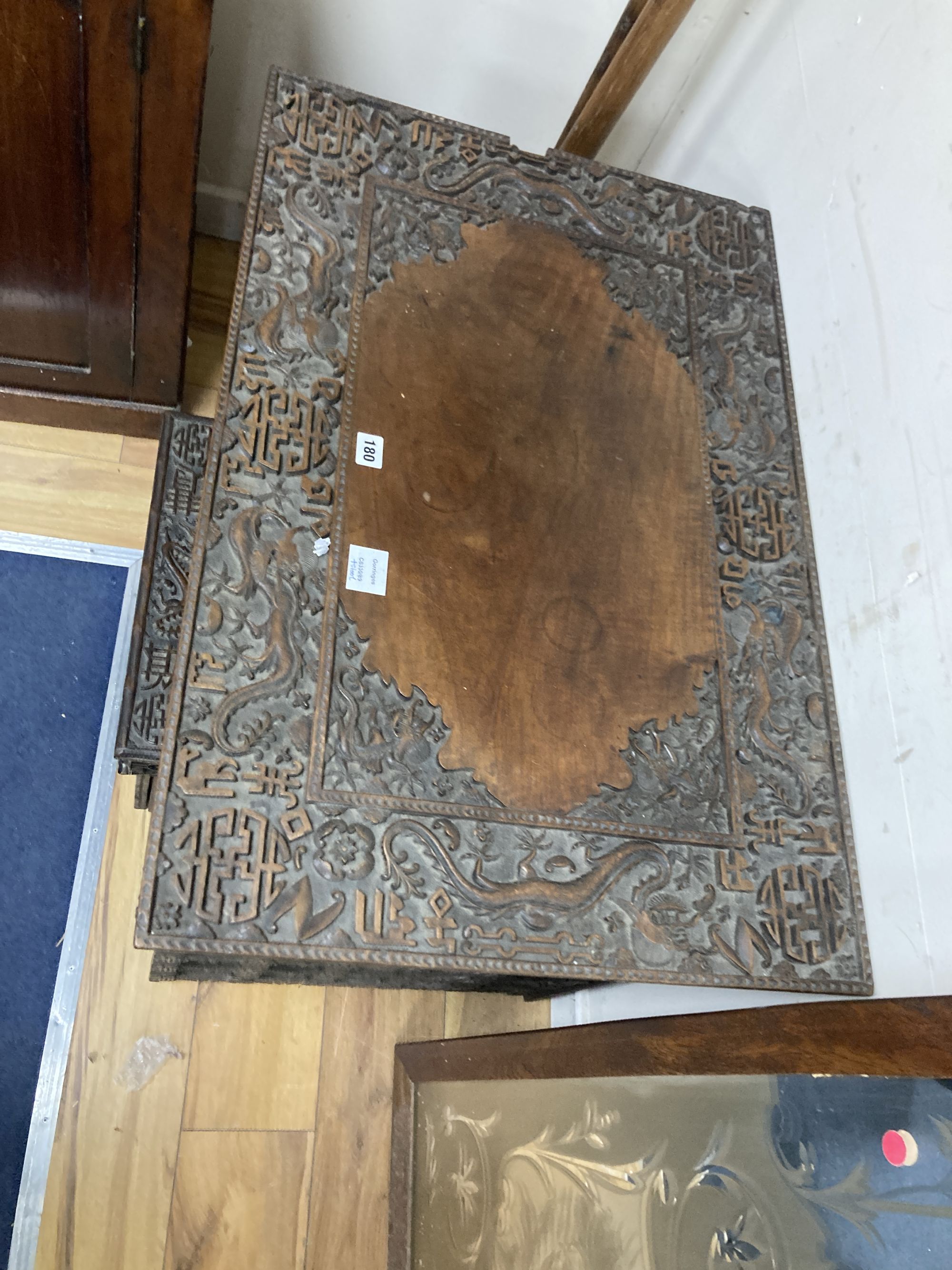 A Chinese carved hongmu folding table, width 83cm depth 56cm height 67cm, and a similar stool/stand, early 20th century
